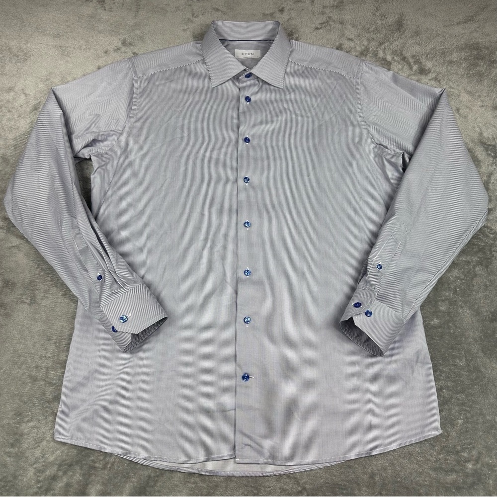 Eton Contemporary Button Up Dress Shirt Mens 43 17 Blue White Stripe Long Sleeve